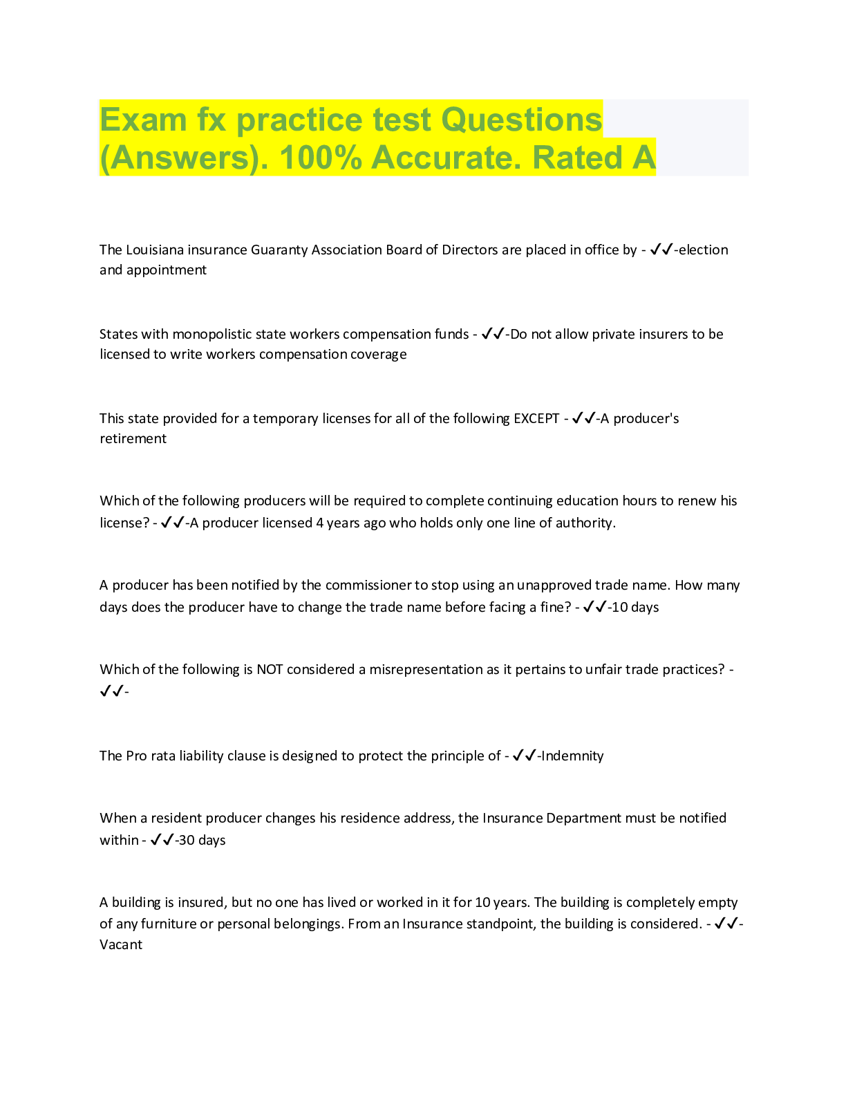Preview image for Exam fx practice test Questions (Answers). 100% Accurate. Rated A